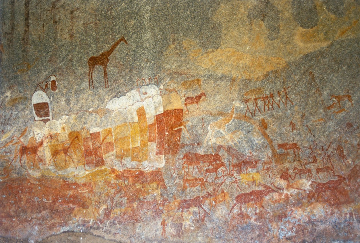 Pinturas rupestres de Inanke em uma caverna no parque nacional de Matobo, Zimbabwe. 1 de abril de 1998. de Unknown