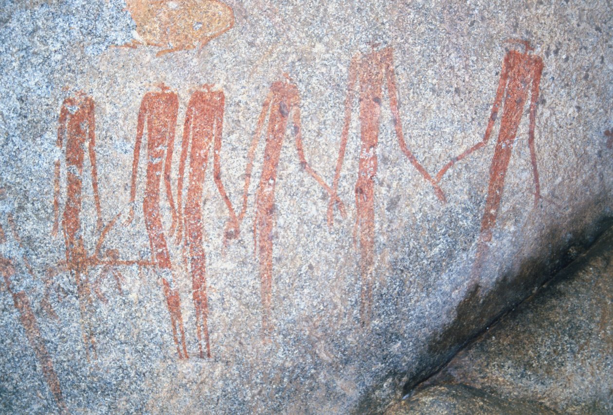 Pinturas rupestres de Inanke fotografadas em uma caverna no Parque Nacional de Matobo, Zimbábue. 1 de abril de 1998. de Unknown