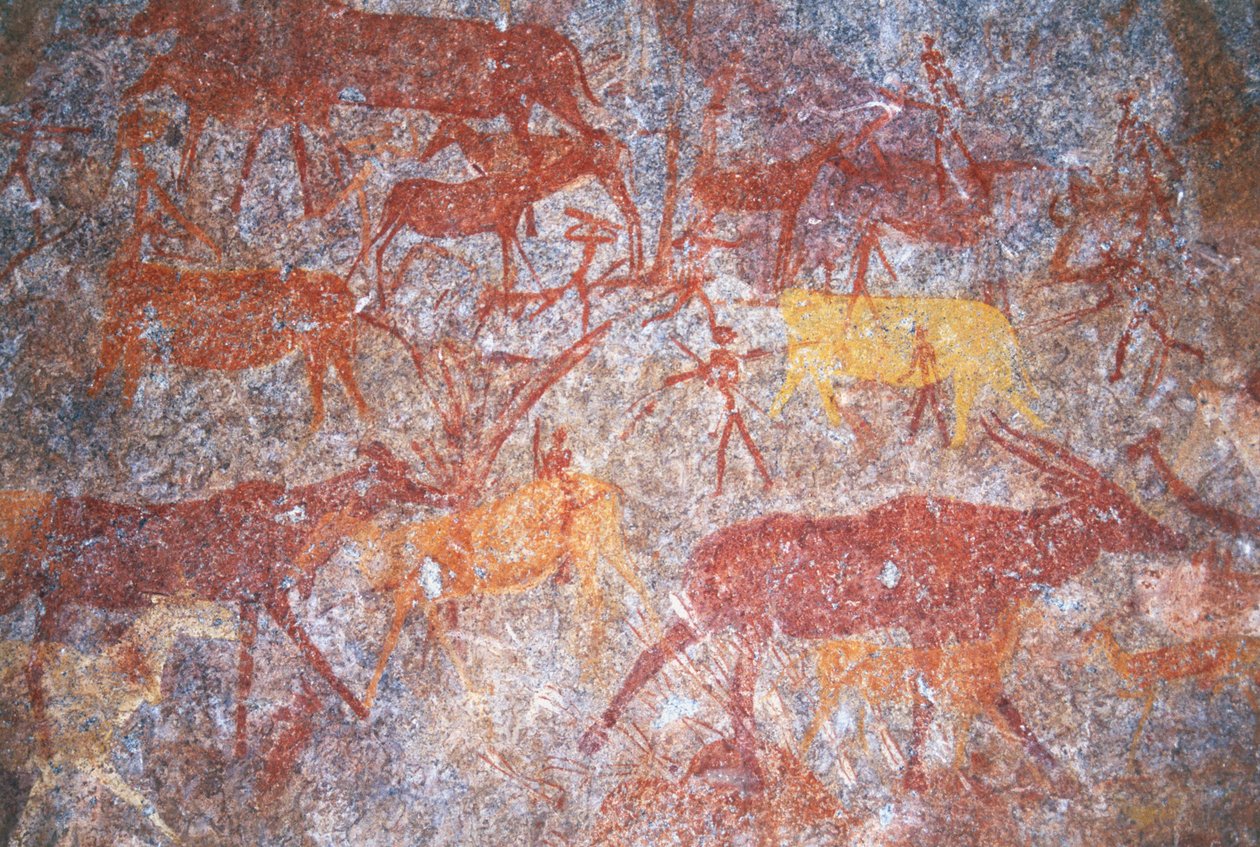 Pinturas rupestres de Inanke fotografadas em uma caverna no Parque Nacional de Matobo, Zimbábue. 1 de abril de 1998. de Unknown