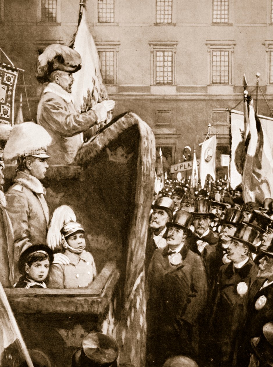 O rei Carlos XV da Suécia se dirige a uma multidão sobre o aumento de armamentos para defender o país, 1866 de Unknown
