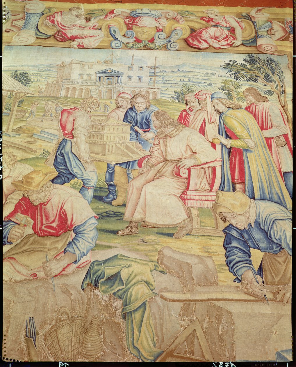 Lorenzo Medici (1449-92) e Giuliano da Sangallo (fl.1443-1516) Inspecionando o modelo da Villa em Poggia a Caiano de Benedetto di Michele Squilli (fl.1555-88) e Joannes Stradanus (n. Jan van de de Unknown