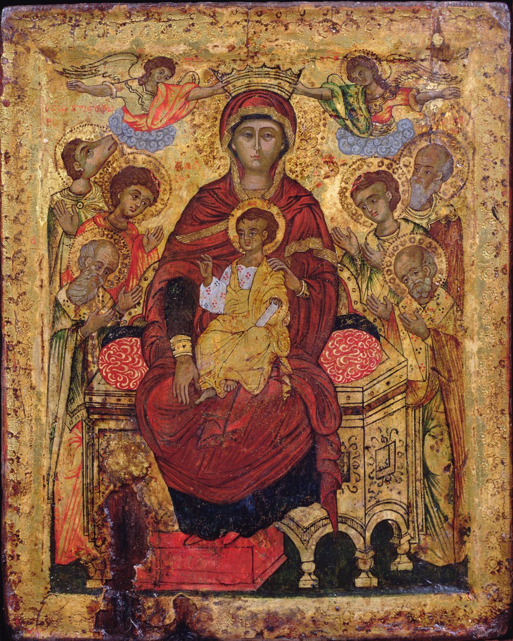 Madonna e Criança entronizada com Santos, ícone das Ilhas Gregas, início do século XVIII (têmpera no painel) de Unknown