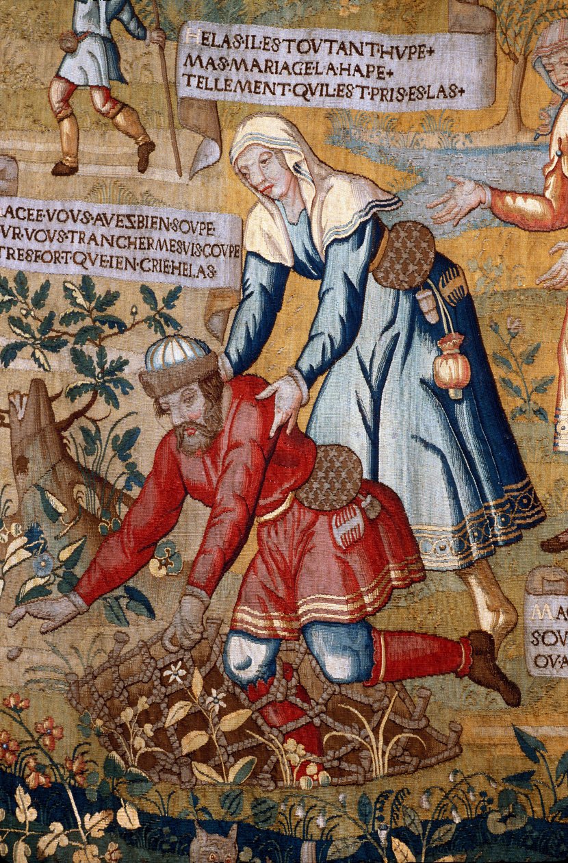 Manche N * 075, Musée de St Lo, "" Os amores de Gombeau (Gombault) e Mace (Macee) "", Detalhes tapeçaria de Unknown