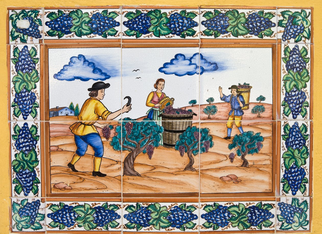 Azulejos espanhóis modernos no estilo do século XVII ou XVIII mostrando trabalhadores da vinha cortando cachos de uvas de Unknown