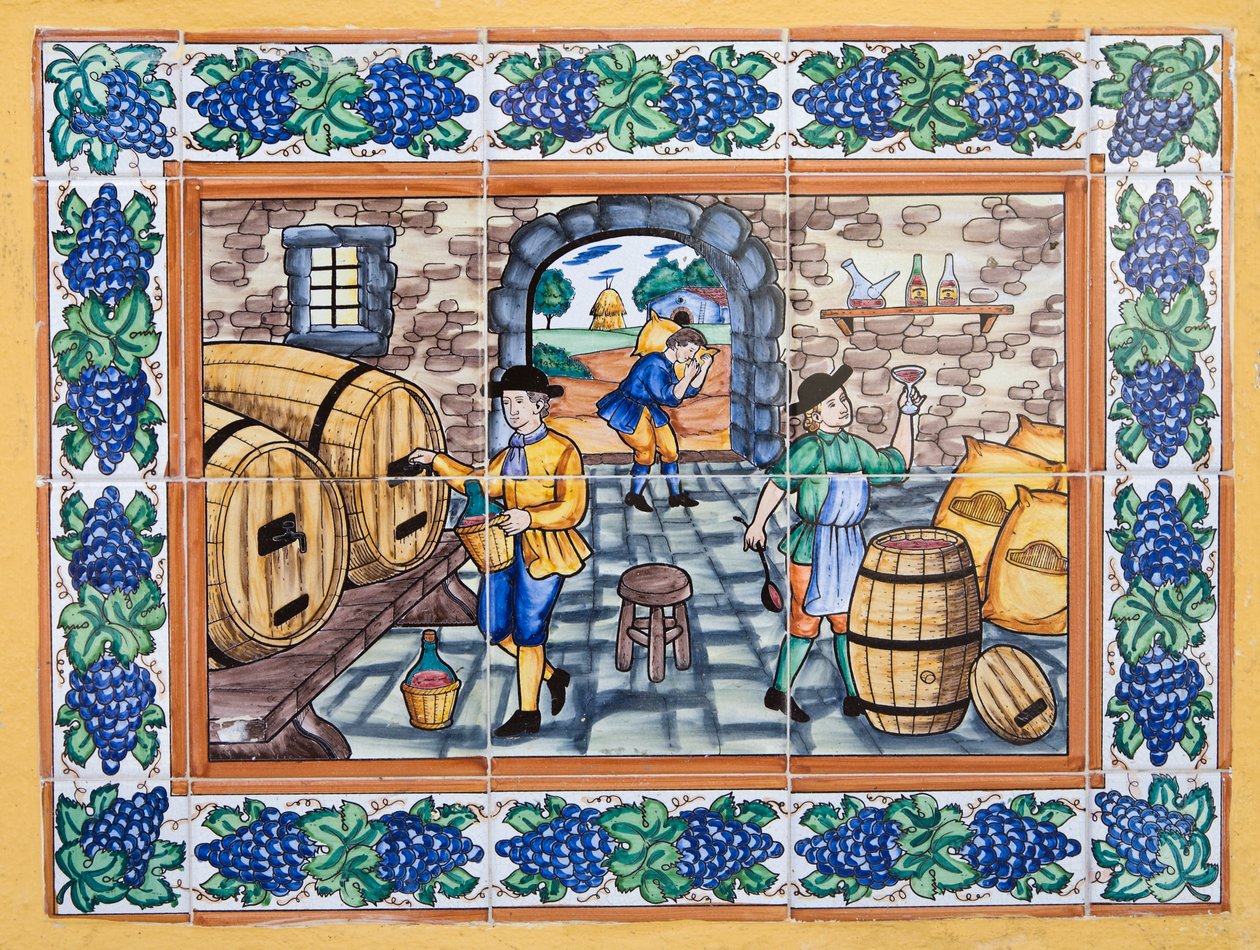 Azulejos espanhóis modernos em estilo do século XVII ou XVIII, mostrando trabalhadores em adega de vinha, verificando a qualidade do vinho de Unknown