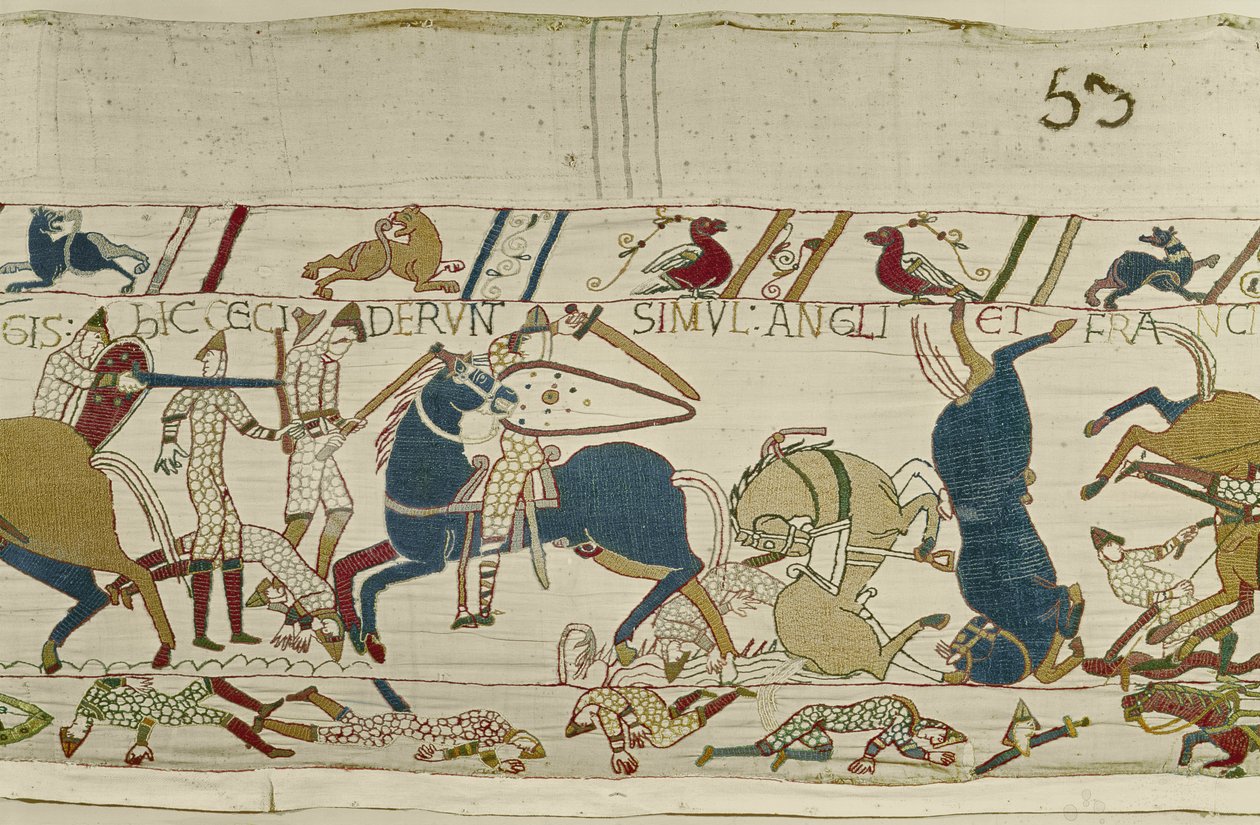 Normandos e ingleses caem lado a lado em Batalha, Bayeux Tapeçaria (bordados de lã sobre linho) de Unknown