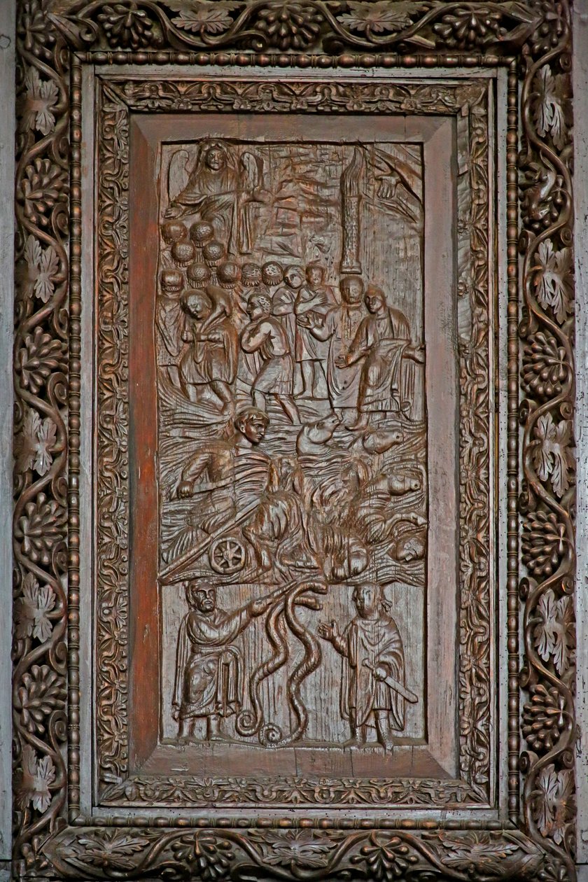 Painel da porta 5C: o Êxodo: soldados do Faraó se afogam no Mar Vermelho: serpente de Arão de Unknown