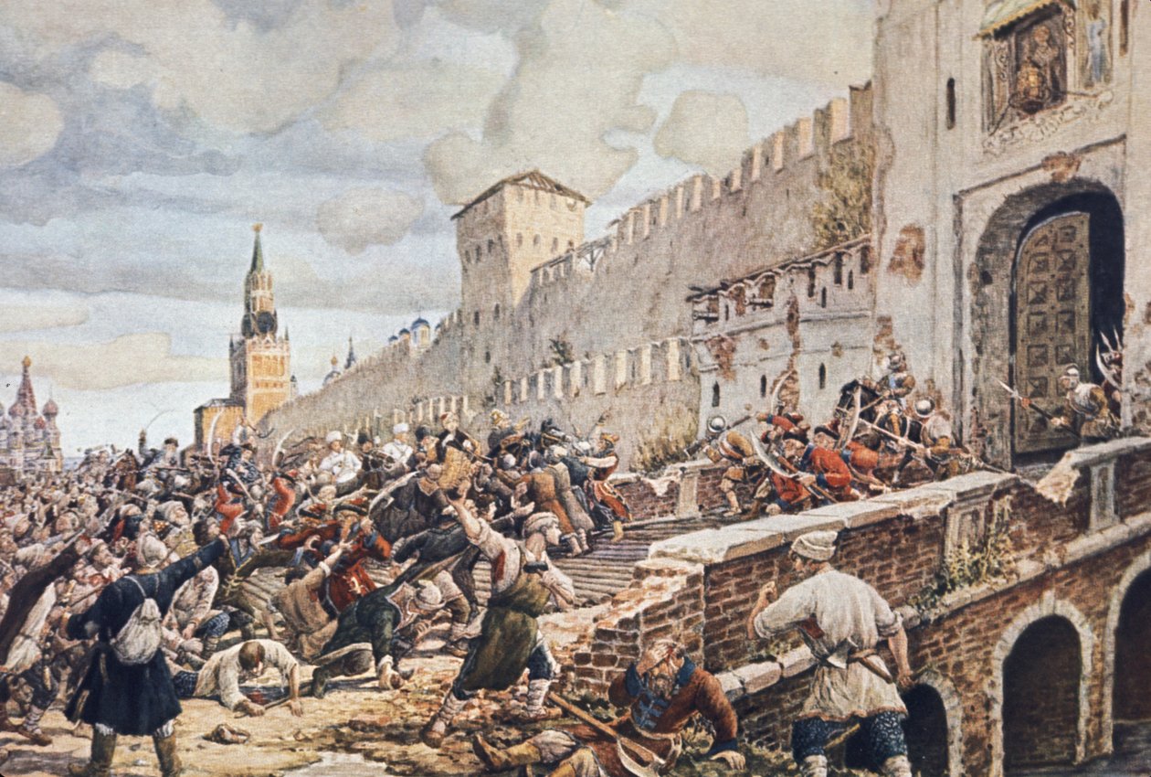 PeasantWorkers Revolta em Moscou, 1648, a revolta estava contra a taxação corrupta (especialmente o sal), a escassez de alimentos e a degradação da moeda que inflava os bens de consumo. de Unknown