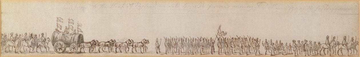 Procissão tendo dinheiro espanhol capturado pela Marinha Real para o banco da Inglaterra, 1799 (caneta e tinta de desenho) de Unknown