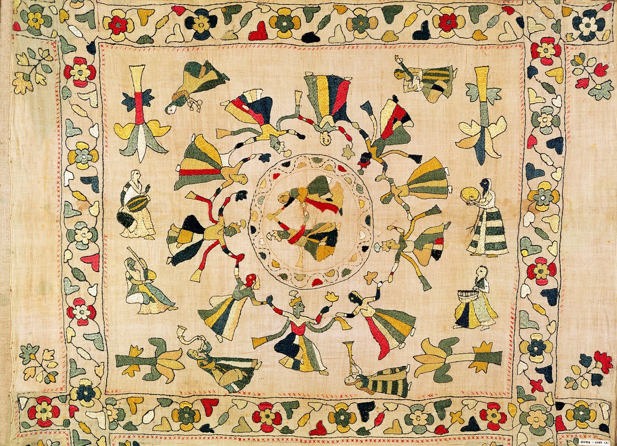Rumal: capa de bordar quadrada mostrando dança punjabi, meados do século XIX de Unknown
