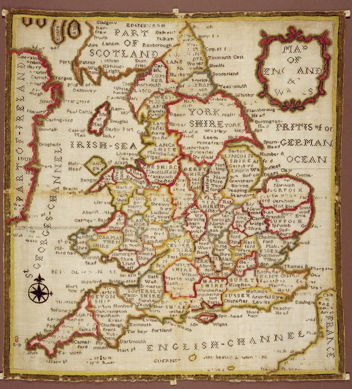 Amostrador representando um mapa da Inglaterra e País de Gales, cadeia, costas duplas e ponto de cetim, por Ann Seaton de Lincoln, 1798 de Unknown