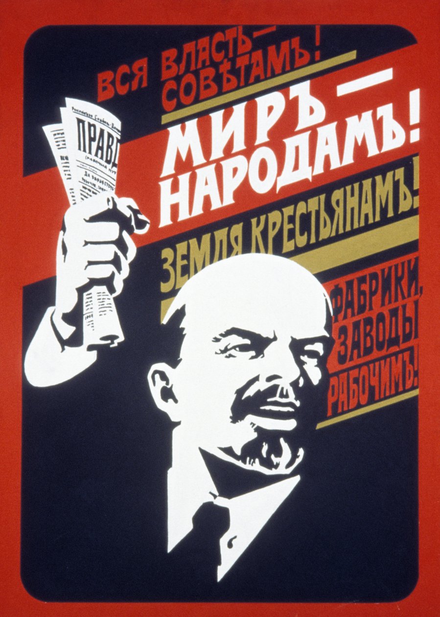 Poster soviético da propaganda dos anos 20, todo o poder aos sovietes! Paz ao povo! Terra para os camponeses! Fábricas e moinhos para os trabalhadores! de Unknown