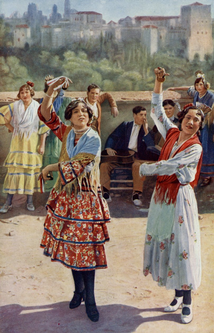 Espanha. Castanholas e guitarras vibrantes acompanham as danças rítmicas das jovens garotas ciganas de Granada. 1920 de Unknown