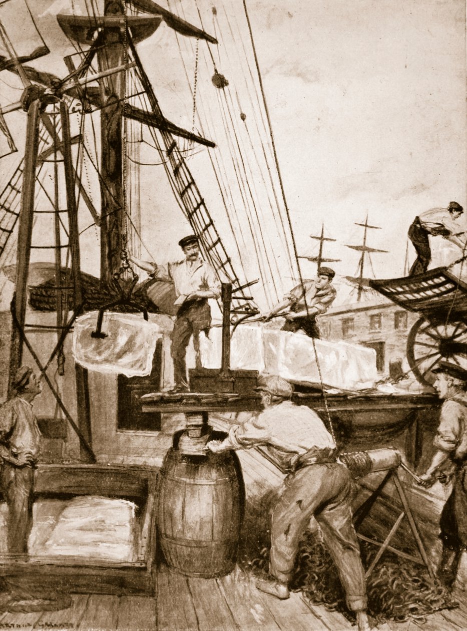 A chegada e descarga de uma nave de gelo norueguesa em um cais de Londres de Unknown