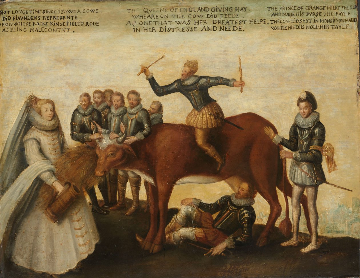 A vaca leiteira: As províncias holandesas, revoltando-se contra o rei espanhol Filipe II, são lideradas pelo príncipe William de Orange, os Estados Gerais a presidirem a Rainha Elizabeth I for Aid, c. 1633-39 de Unknown