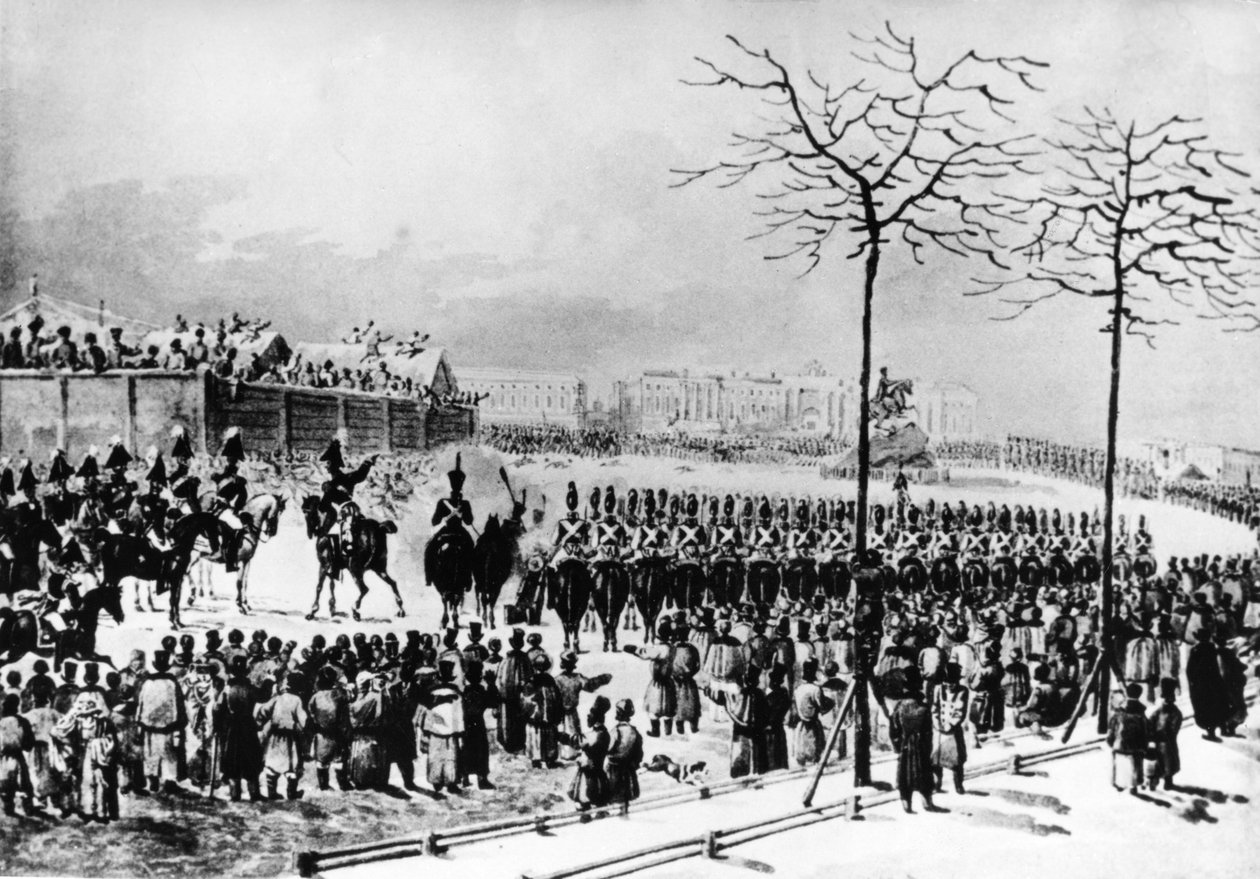 A Revolta Decembrista, 1825, Praça do Senado, São Petersburgo, Rússia, Czar Nicolau I Ordena Canhões Disparados nos Rebeldes, em 14 de dezembro de 1825, de uma Antiga Aguarela de K, Kolman. de Unknown