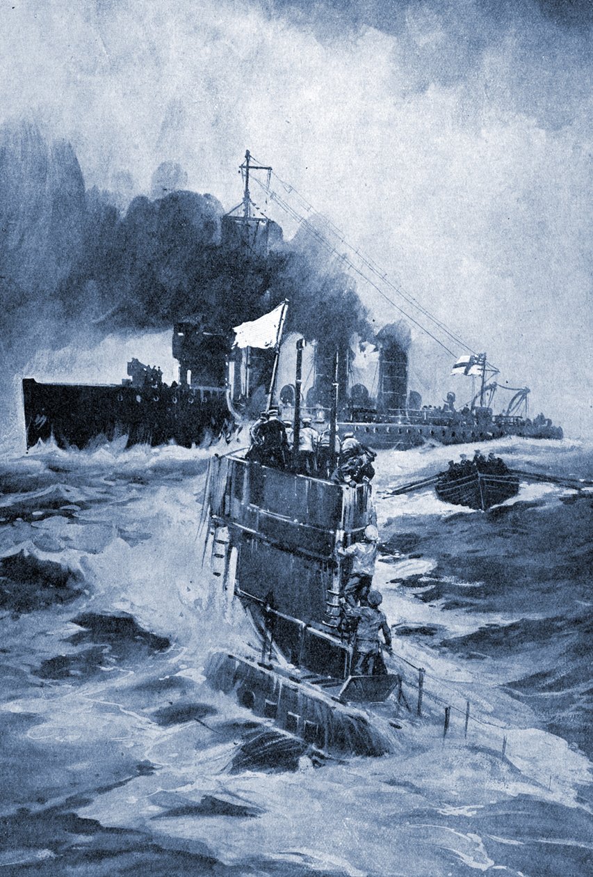O submarino alemão U18 se rende depois de ser abalroado, em 1914. de Unknown