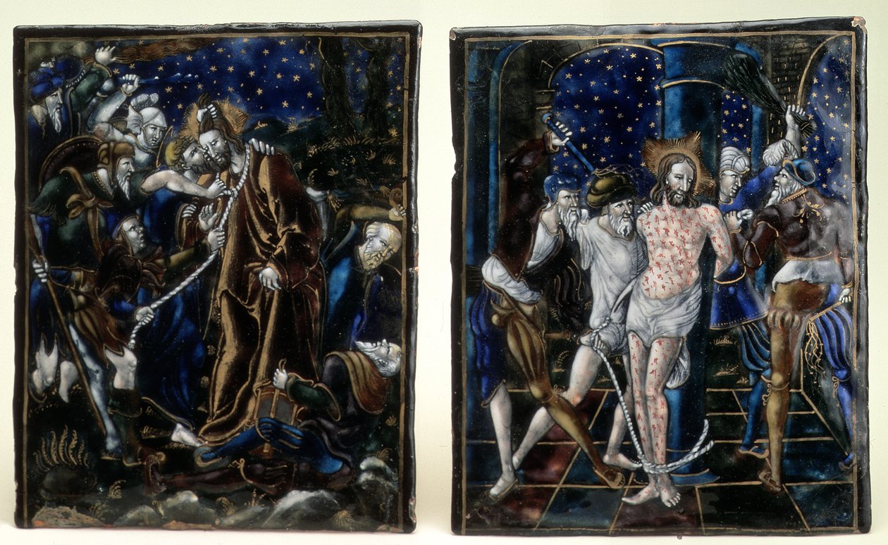 O Beijo de Judas e a Flagelação de Cristo: duas placas esmaltadas da série Paixão de Nosso Senhor, Limoges, meados do século XVI de Unknown