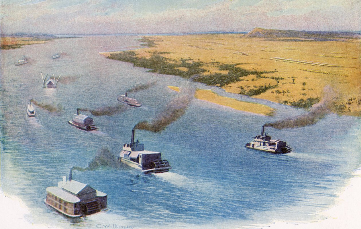 O avanço da força anglo-egípcia sobre Omdurman, no Sudão, ao longo do rio Nilo, em 1898, antes da Batalha de Omdurman. de Unknown