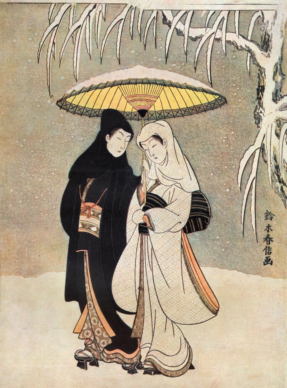 Dois amantes na neve sob o guarda-chuva por Suzuki Harunobu de Unknown