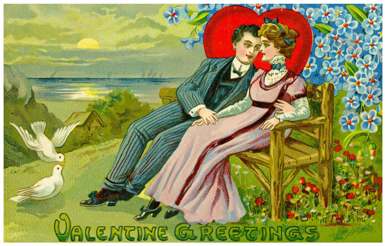 Cartão de dia dos namorados retratando dois amantes, c.1910 de Unknown