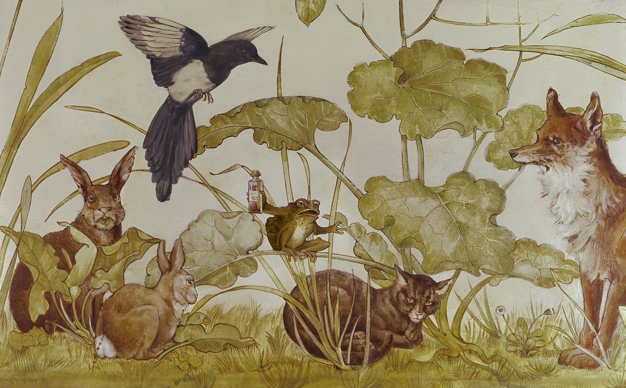 Papel de parede na sala de estar representando Fábulas de Esopo, Castell Coch, Gales do Sul de Unknown