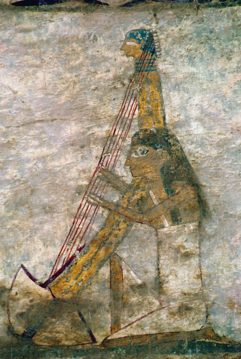 Mulher tocando uma harpa em arco, detalhe de uma pintura de parede do túmulo, egípcio, antigo ao Reino do meio (calcário pintado) de Unknown