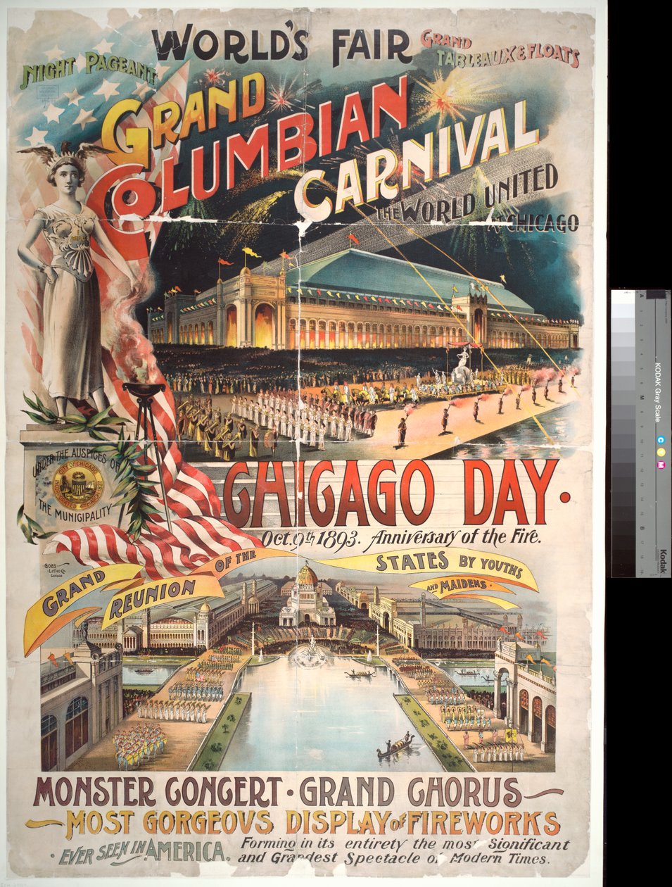Broadside publicidade dia de Chicago na exposição colombiana de mundos em comemoração do fogo de Chicago de 1871, 1893 de American Photographer