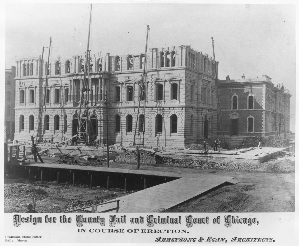 Projeto para a Cadeia Municipal e Tribunal Criminal de Chicago, no curso de ereção, c.1883 de American Photographer