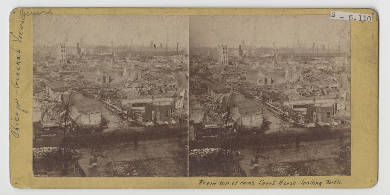 Estereografia da vista do topo das ruínas do tribunal, olhando para o norte, após o incêndio de Chicago de 1871 de American Photographer