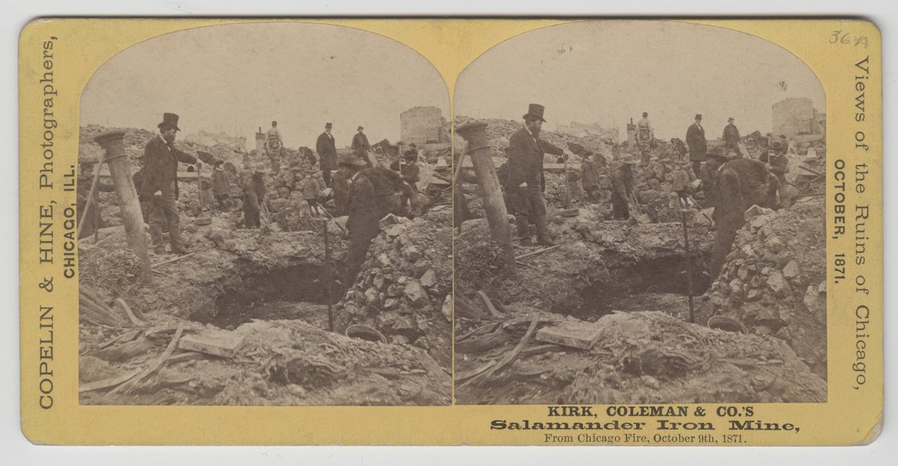 Estereografia da visão de Kirk, Coleman e Companys Salamander Iron Mine após o incêndio de Chicago de 1871 de American Photographer