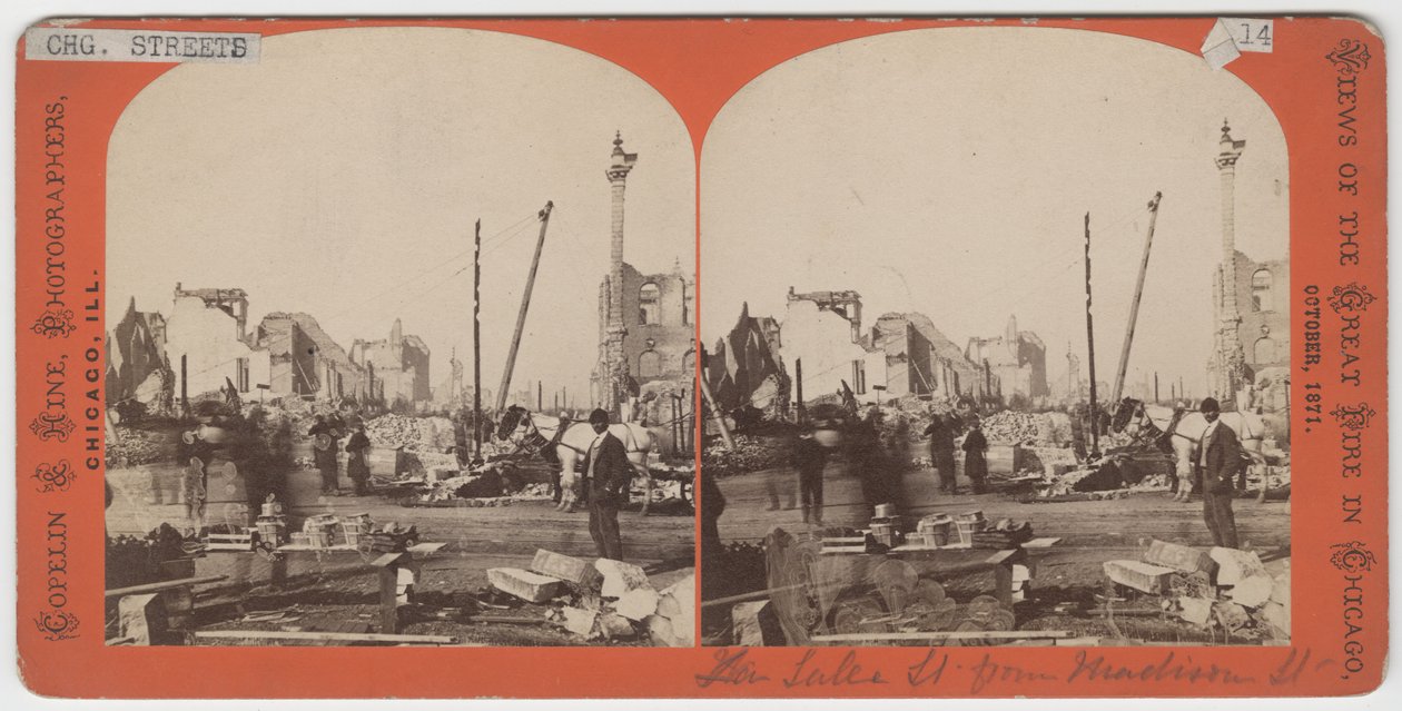 Estereografia da vista do lago St. da Madison St. após o incêndio de Chicago de 1871 de American Photographer