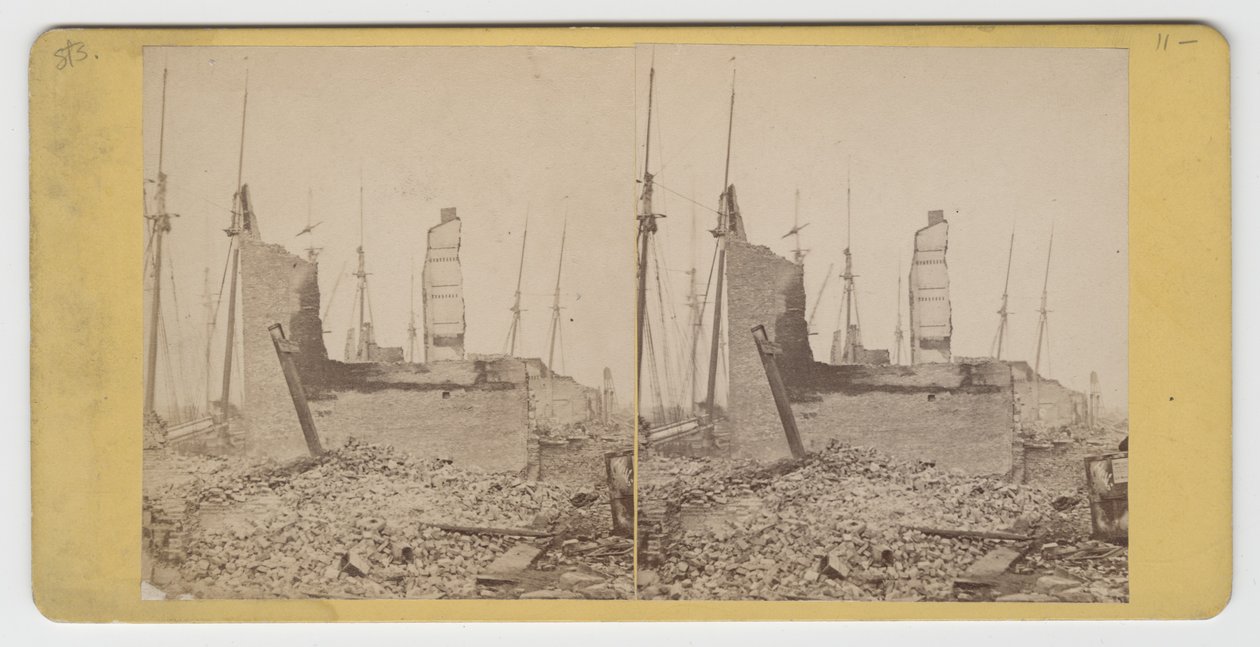 Estereografia da vista da South Water St., entre Clark e Wells, após o incêndio de Chicago de 1871 de American Photographer
