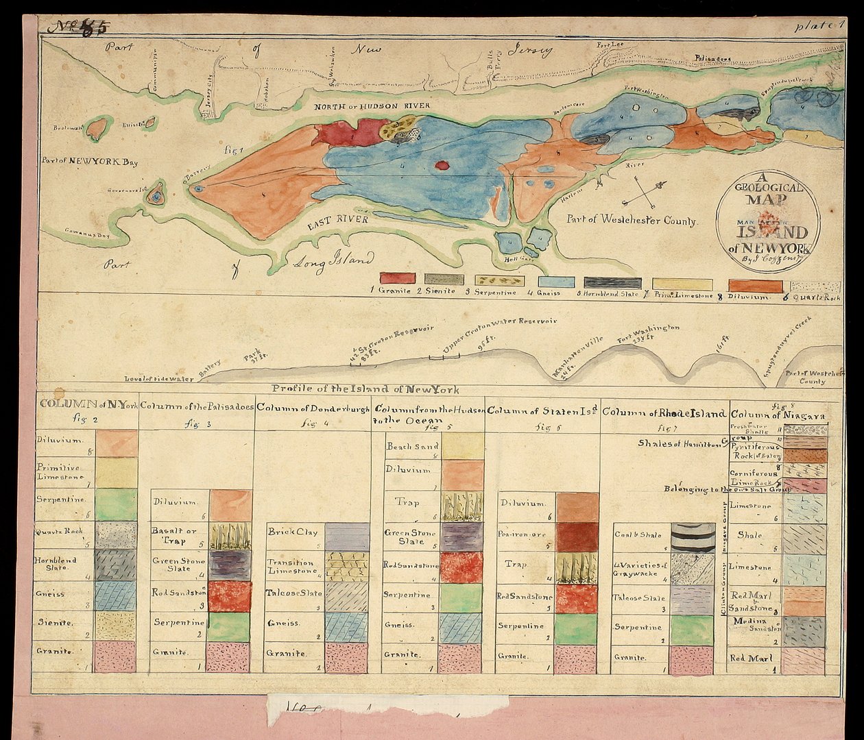 Um Mapa Geológico [de] Ilha de Manhattan de Nova York, 1842 (litografia colorida à mão sobre papel) de American School