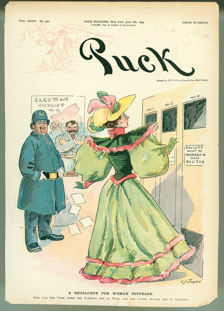 Um Squelcher para o Sufrágio Feminino, ilustração da capa de revista do Puck, 6 de junho de 1894 de American School