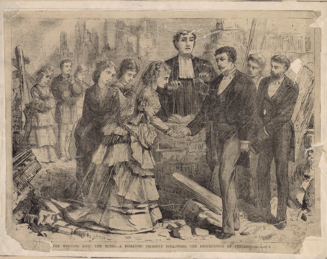 Um casamento entre as ruínas - Um incidente romântico após a destruição de Chicago, ilustração da Harpers Weekly, 1871 de American School