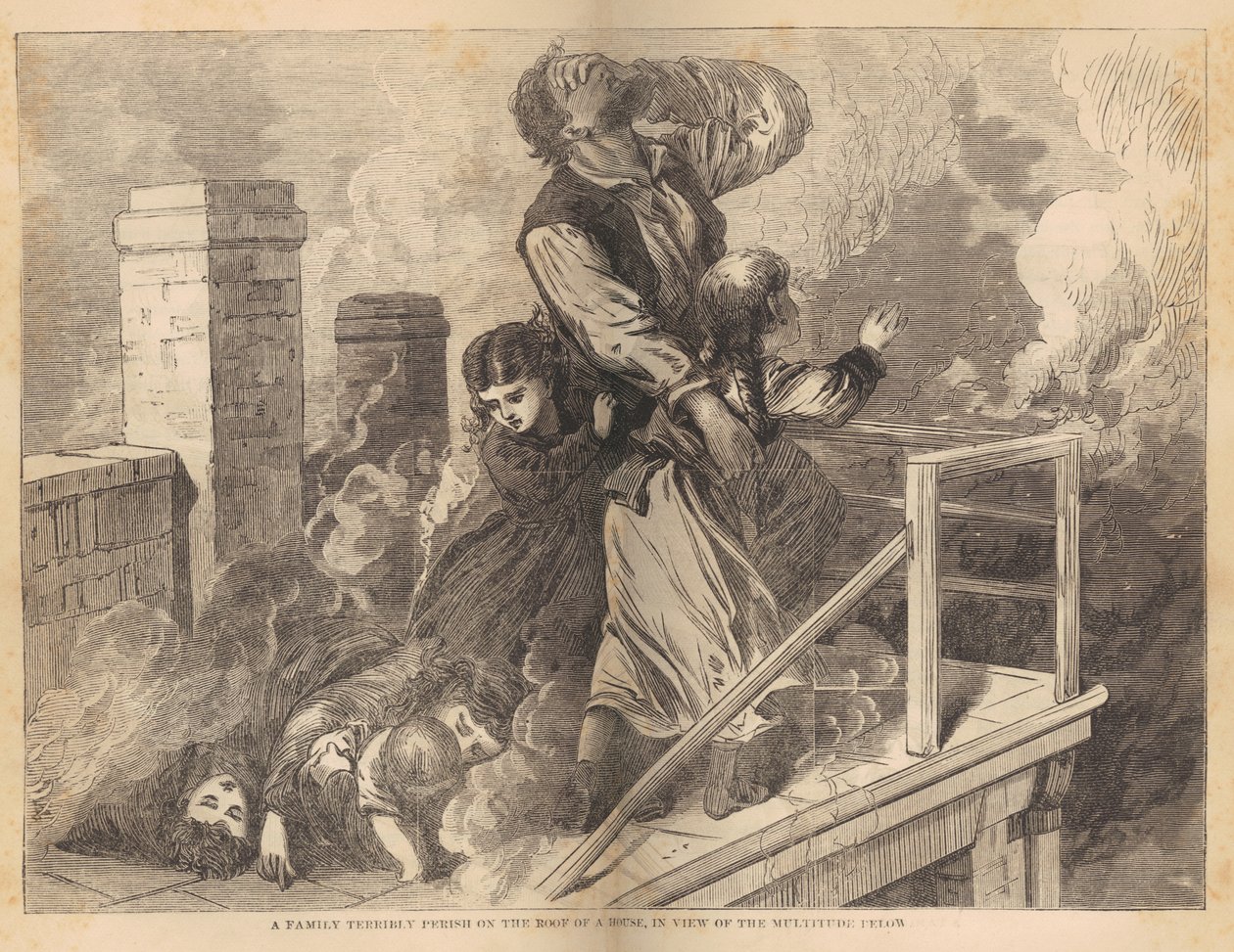 Uma família presa no telhado de uma casa durante o incêndio de Chicago de 1871, de Great Fires em Chicago e no Ocidente pelo Rev. EJ Goodspeed, c.1871 (gravura em madeira) de American School