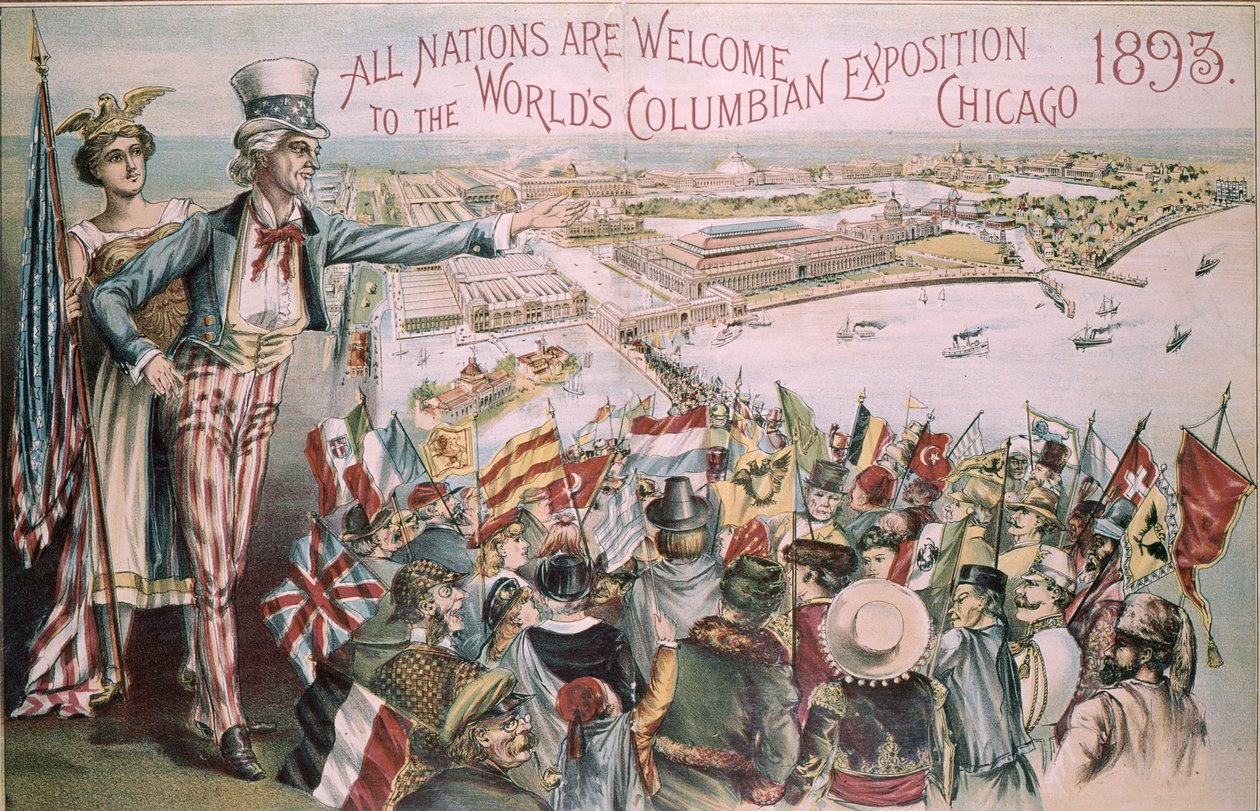 Propaganda para a feira de mundos da Exposição Mundial da Colômbia, Chicago, Illinois, 1893 de American School