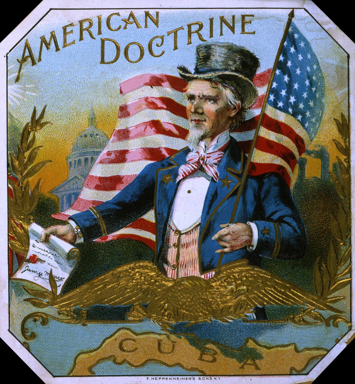 Etiqueta americana da caixa de charuto da doutrina, c.1890s de American School