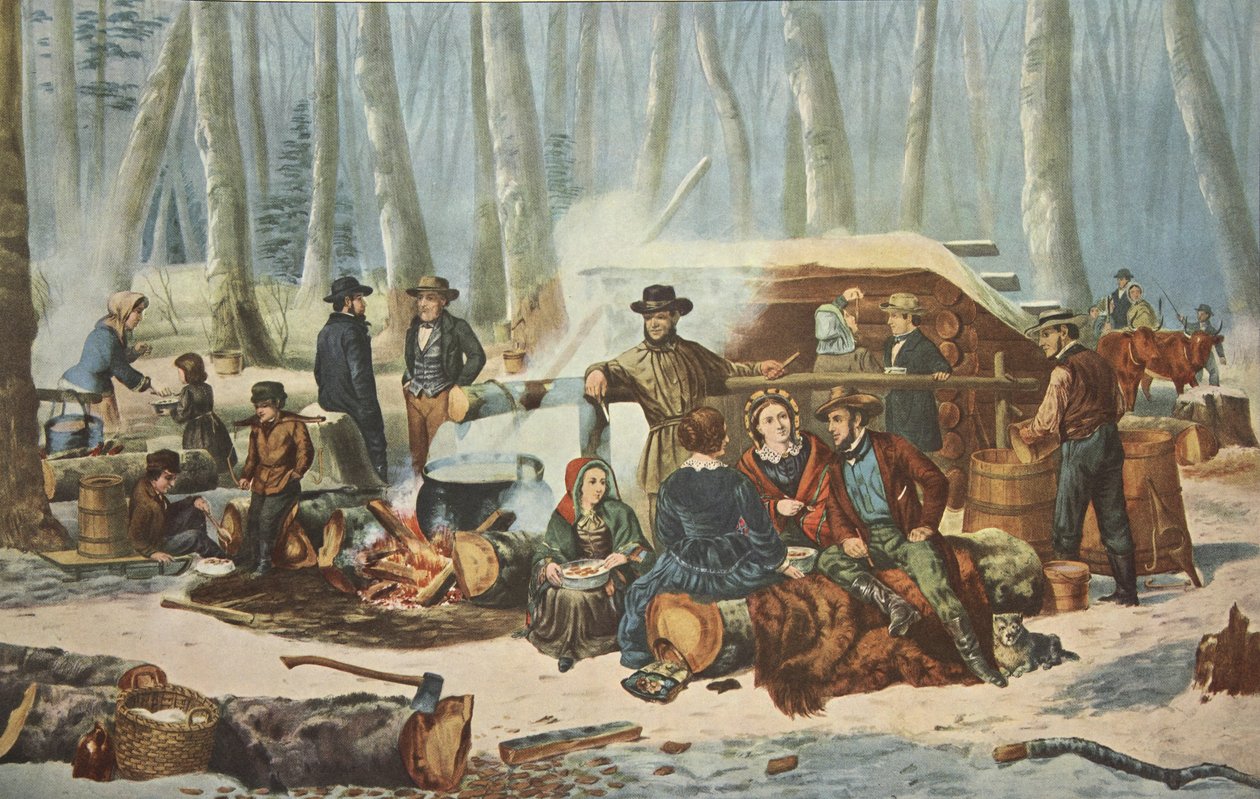 Cena americana da floresta - Sugaring de bordo, bar. 1856, Currier & Ives de American School