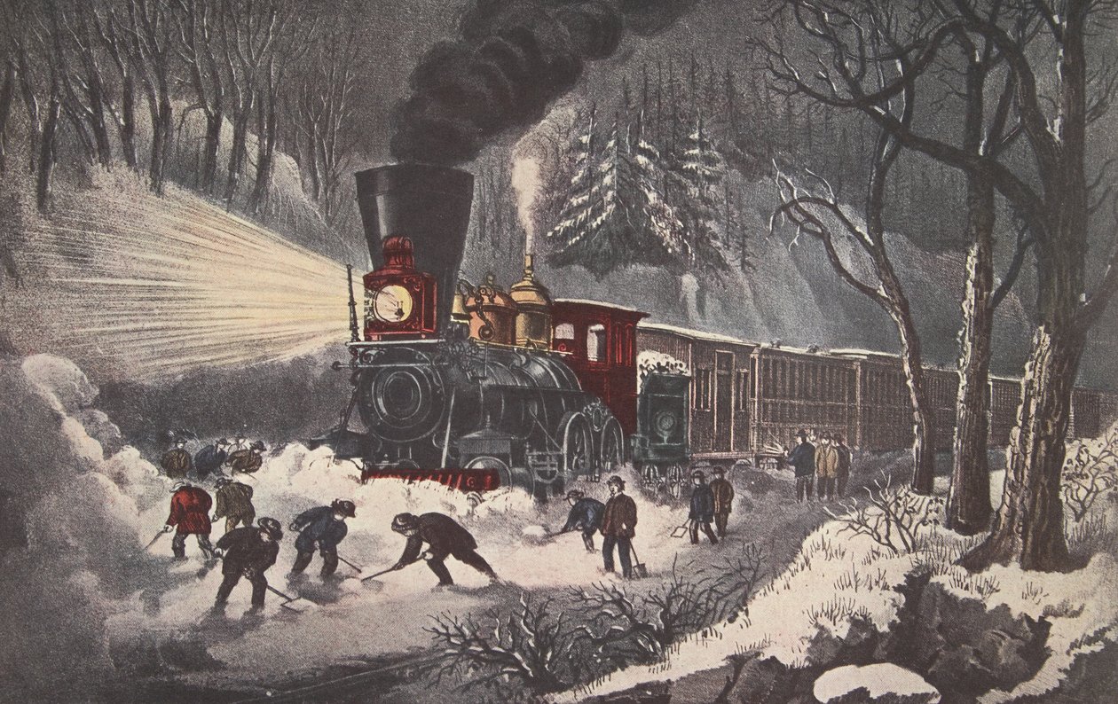 Cena americana da estrada de ferro, limite da neve, bar. 1871, Currier & Ives de American School