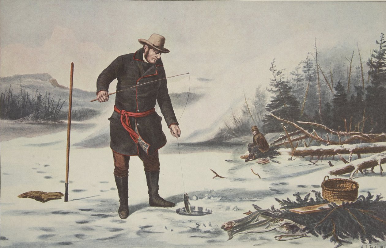 Esportes de inverno americanos - pesca da truta no lago Chateaugay (o Condado de Franklin NY), bar. 1856, Currier & Ives de American School