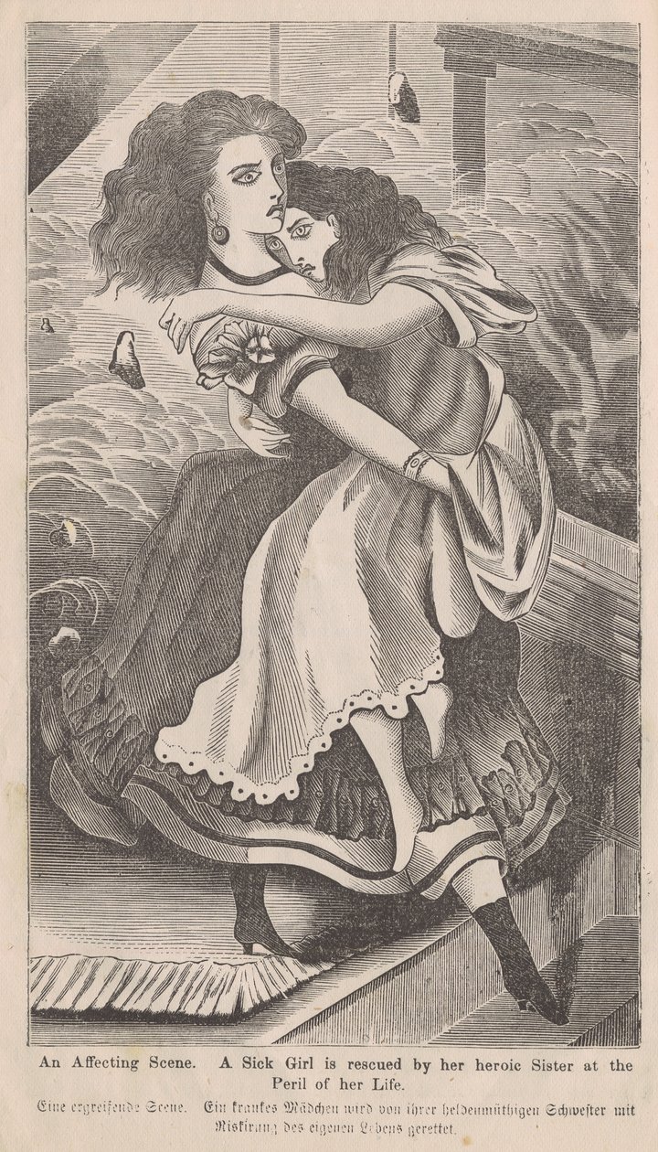 Uma cena afetando, ilustração de uma mulher resgatando sua irmã durante o incêndio de Chicago de 1871, do livro de George L. Barclays, o grande incêndio de Chicago, 1872 (gravura em madeira) de American School