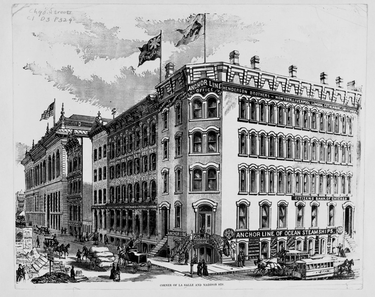 Escritório da Anchor Line, na esquina das ruas LaSalle e Madison, Chicago, c.1875 (gravura em madeira) de American School