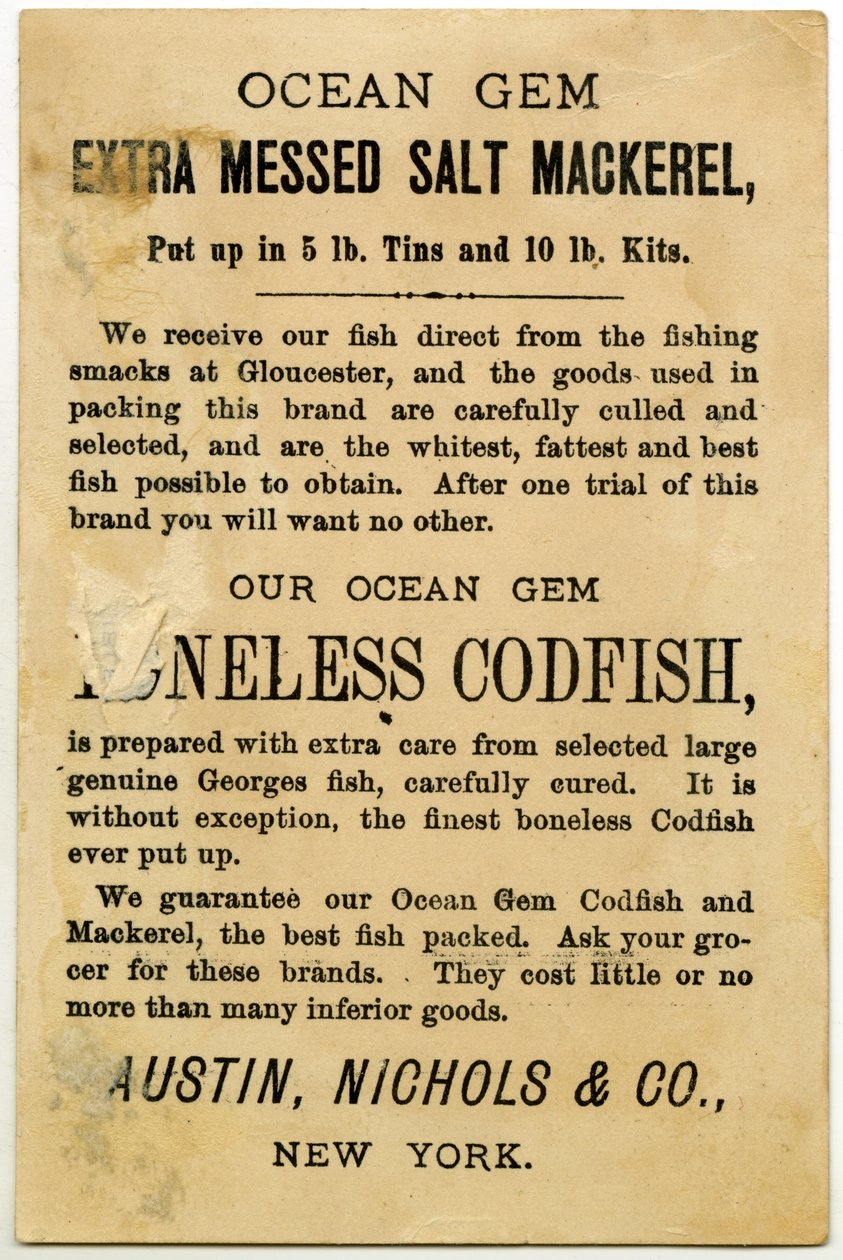 Austin, Nichols & Co. Ocean Gem Mackerel, verso do cartão comercial. (litografia [cartão comercial]) de American School