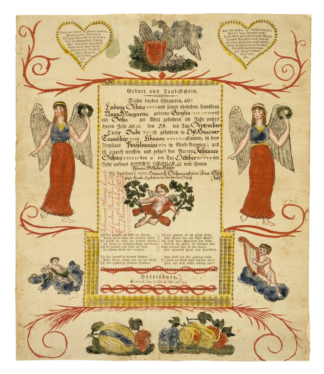 Certificado de Nascimento e Batismal, c. 1828 (gravura em madeira colorida à mão sobre papel) de American School