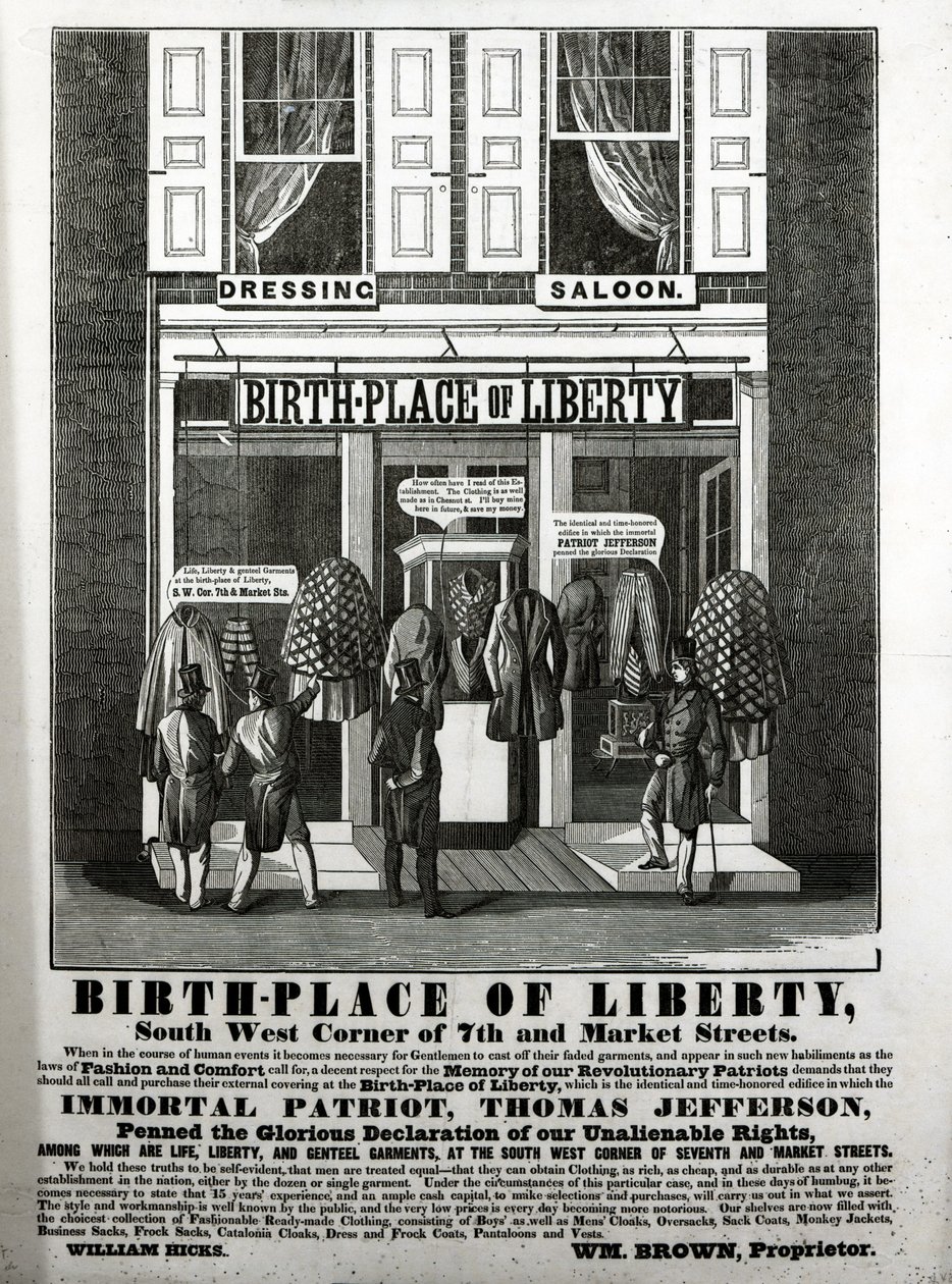 Local de nascimento da Liberty Dressing Saloon, Sudoeste Canto da 7th Street e Market Streets ... em que o patriota imortal Thomas Jefferson escreveu a gloriosa declaração dos nossos direitos inalienáveis ...., ( de American School