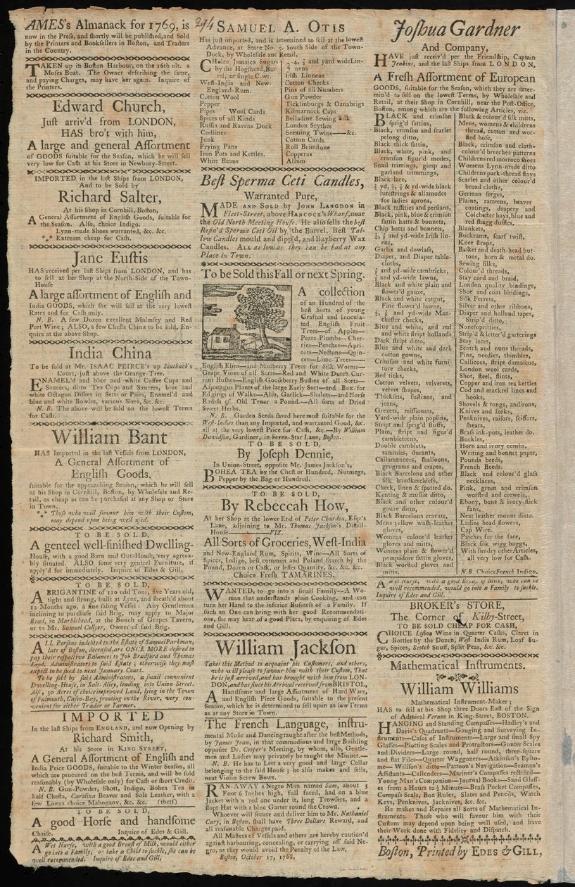 Anúncios de Boston para mercadorias sujeitas a direitos de importação e restrições comerciais, do Boston Gazette e Country Journal, 7 de novembro de 1768 de American School