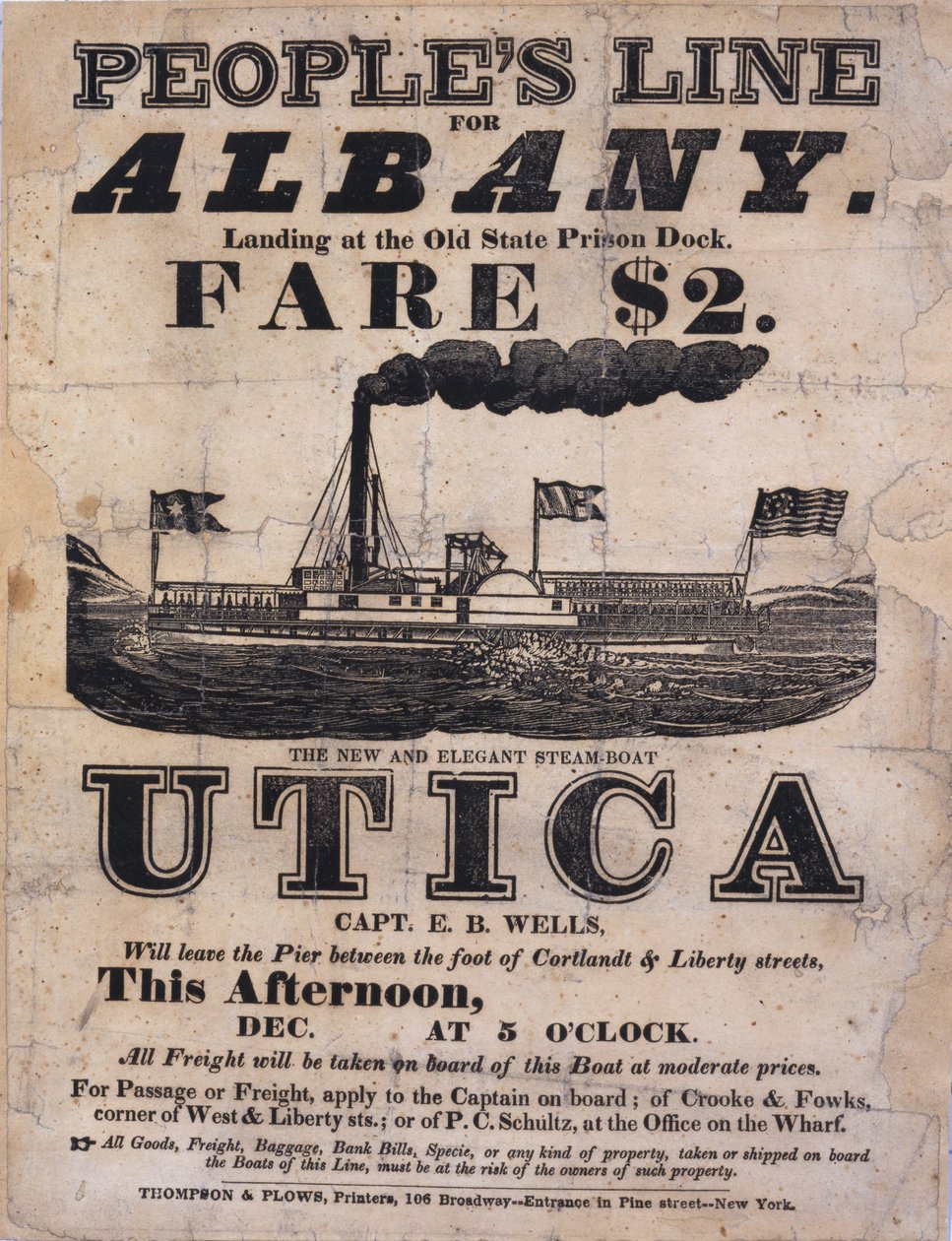 Broadside publicidade da linha de povos para Albany, o novo e elegante Steamboat Utica (letterpress broadside) de American School