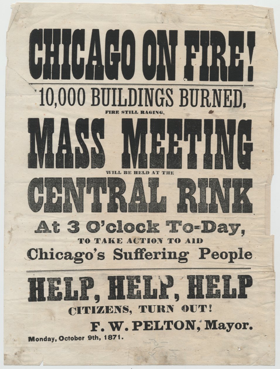Anúncio de publicidade em Broadside em Cleveland, Ohio, para ajudar as vítimas do incêndio de Chicago de 1871, 1871 de American School